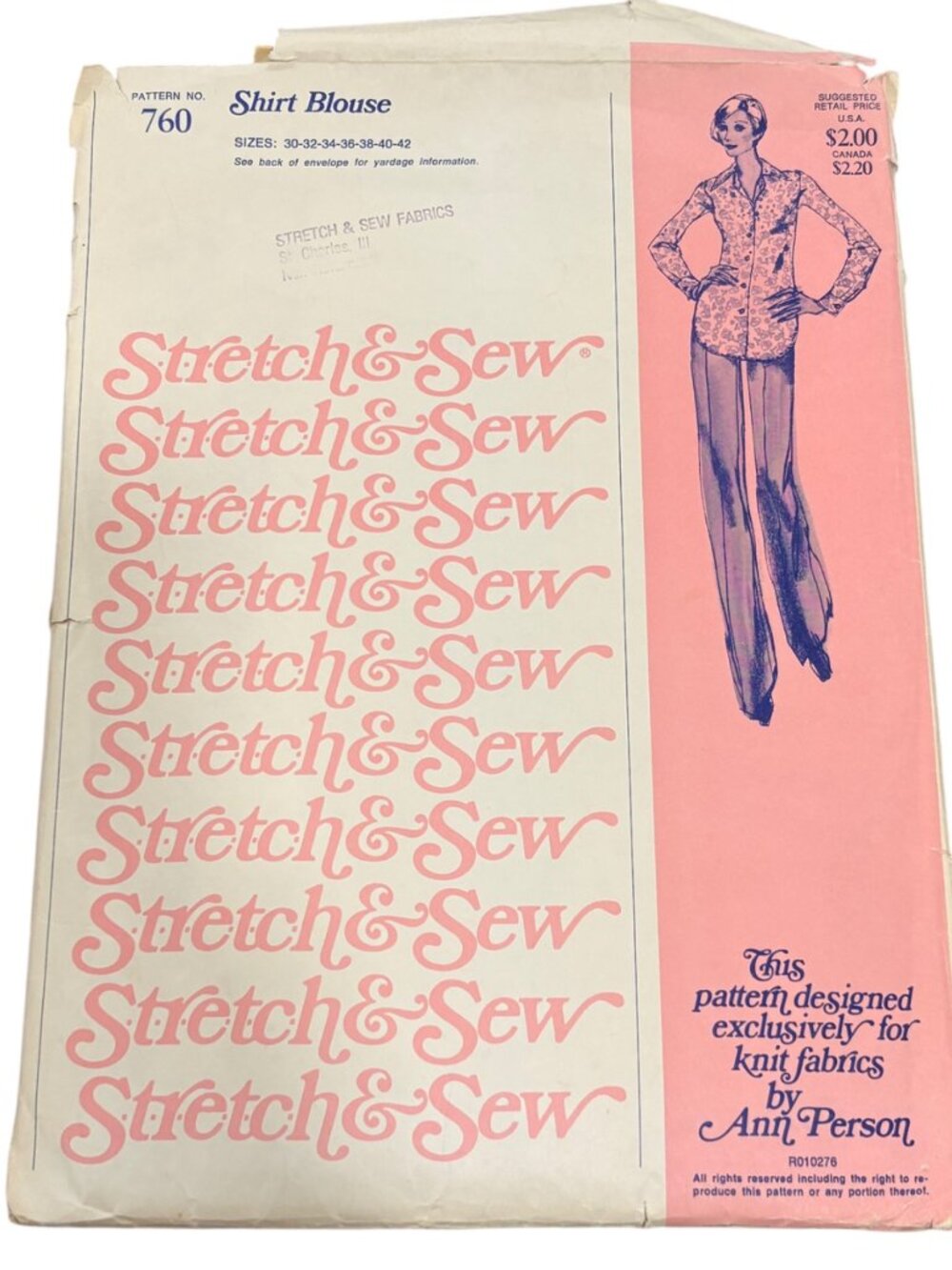 Stretch & Sew Shirt Blouse Sewing Pattern No. 760 Sizes 30-42 Designed For Knit